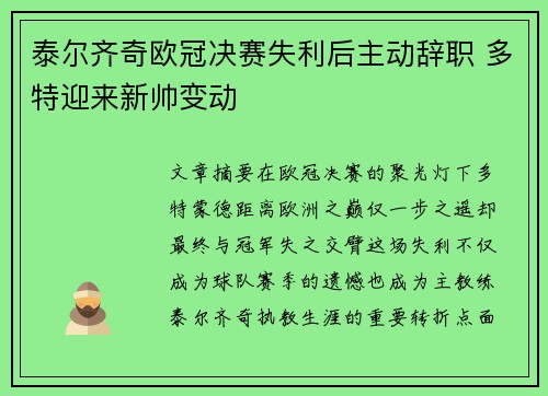 泰尔齐奇欧冠决赛失利后主动辞职 多特迎来新帅变动